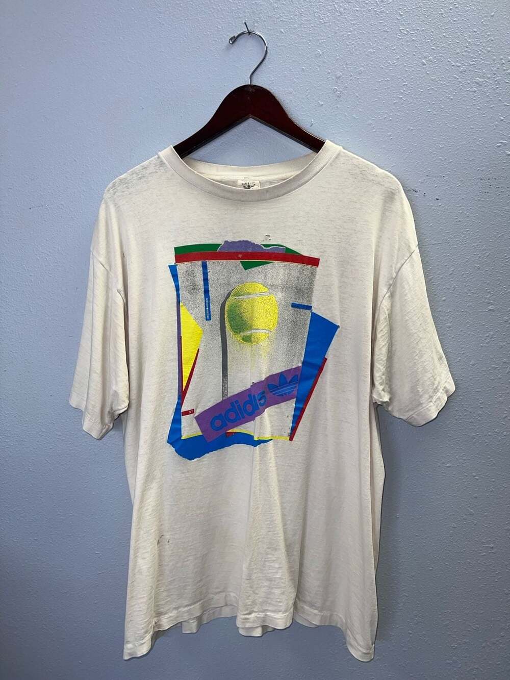 Vintage 80s Adidas Tennis  T Shirt XL White USA Single Stitch Distressed 0550
